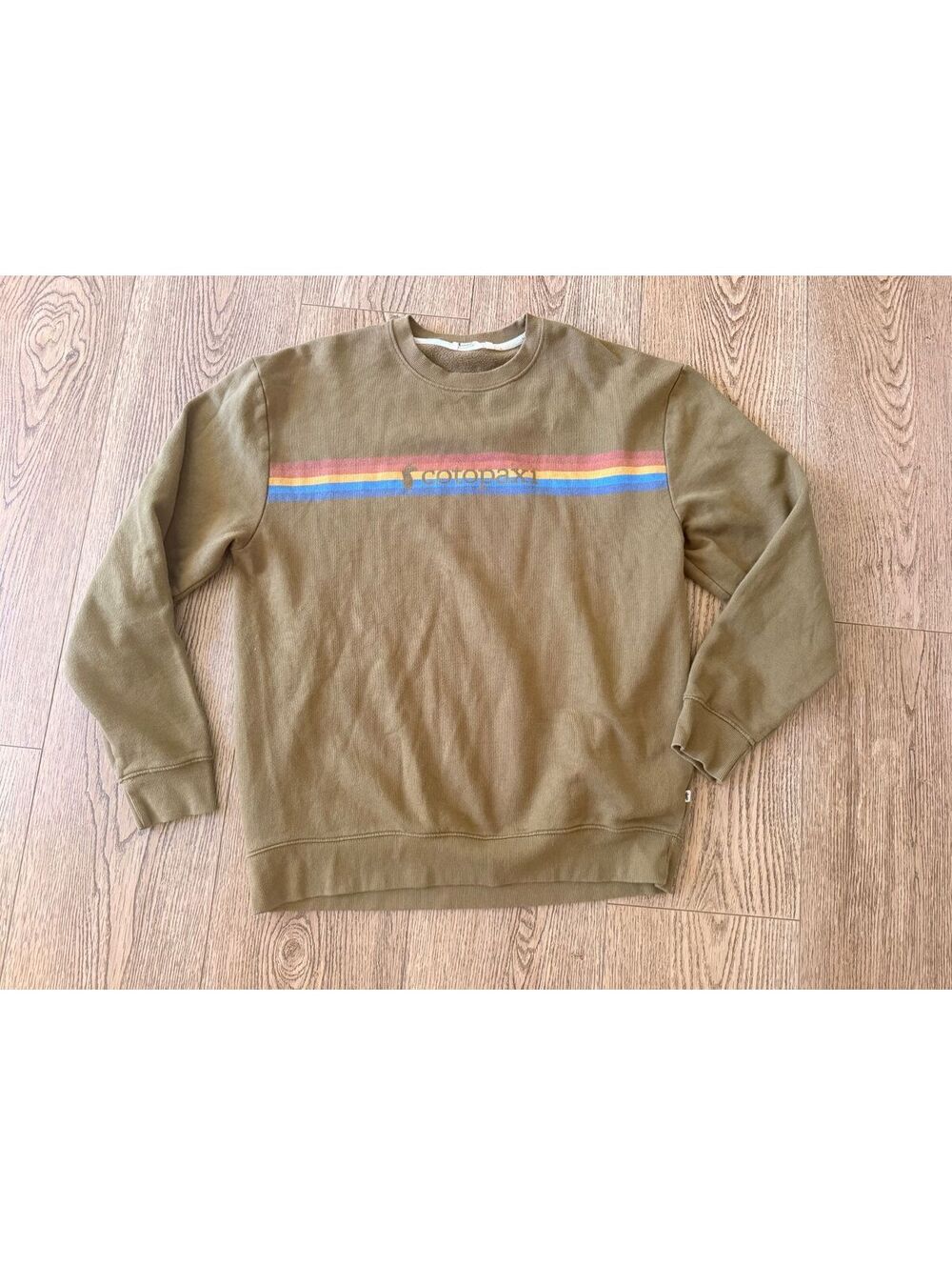 Cotopaxi Olive Green Rainbow Stripe Crewneck Sweatshirt Unisex XL Organic Retro